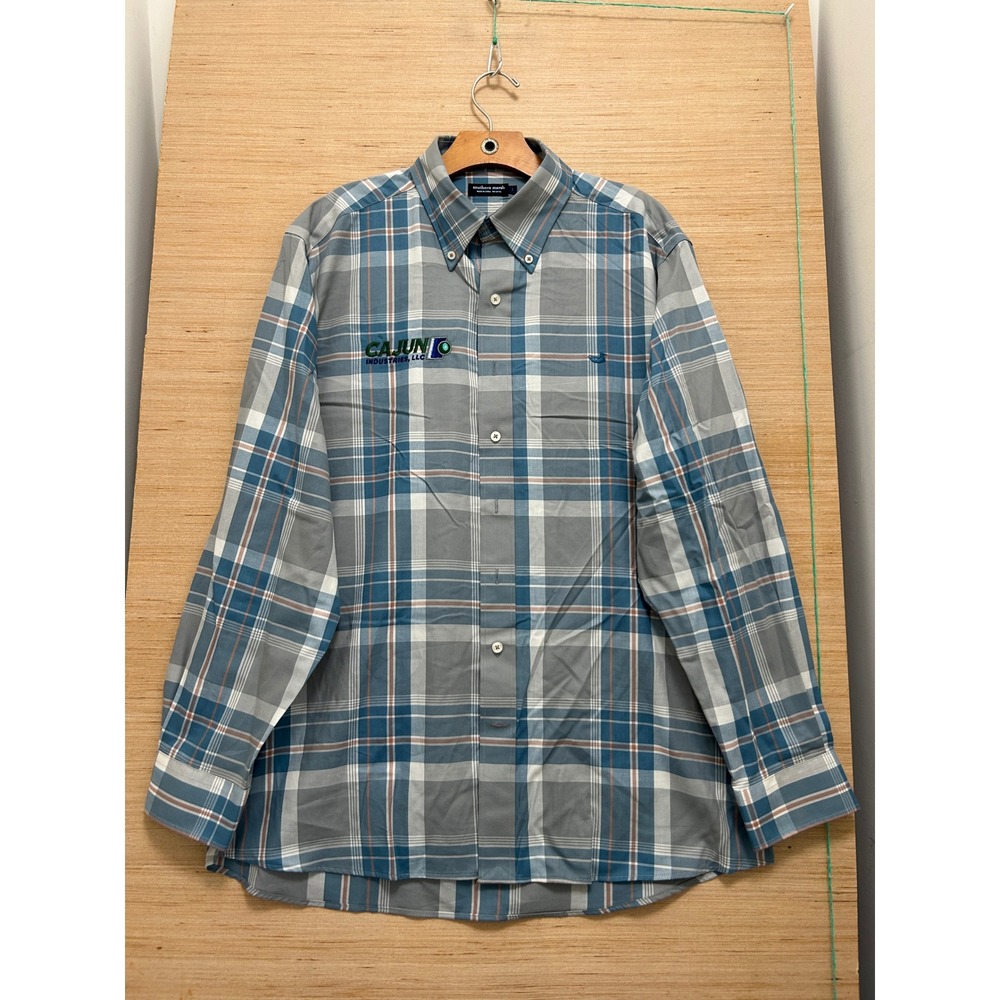 Southern Marsh Mens Large Blue Plaid Button Down Shirt Cajun Industries Logo